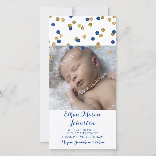 Blaues Gold danken Ihnen Baby-Duschen-Foto-Karten Dankeskarte (Vorderseite)
