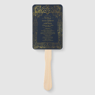 Blaues Gold Dekor Chic Glam Hochzeitsprogramm Hand Fächer