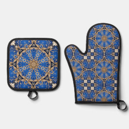 Blaues Gold Dekoratives Ofenhandschuh & Topflappen Topflappen-Set