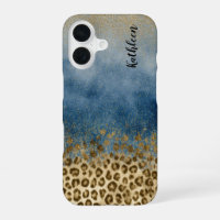 Blaues Gold Glitter Leopard Druck Monogramm Name