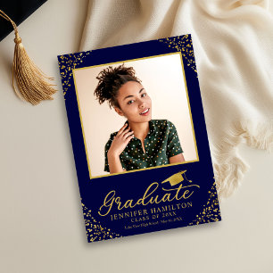Blaues Gold Konfetti Foto Abschlussankündigung  Einladung