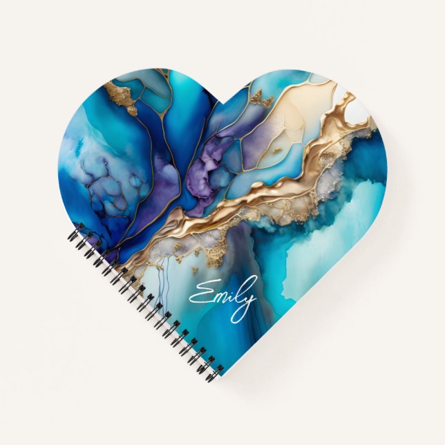 Blaues Gold Marmor Herzförmiges Personalisiertes N Notizbuch (Vorderseite)