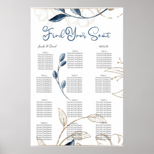 Blaues Gold Modern Floral Elegante Sitzordnung Poster