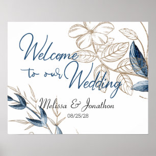 Blaues Gold Modernes Florales Elegantes Hochzeit Poster