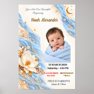 Blaues Gold Mond Baby Foto Geburt Andenken Poster