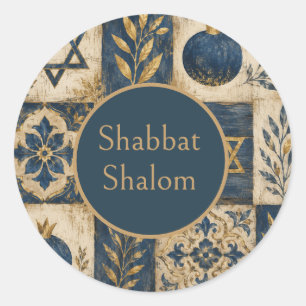 Blaues Gold, Rustikale Farmhouse-Judaica-Schabbat Runder Aufkleber