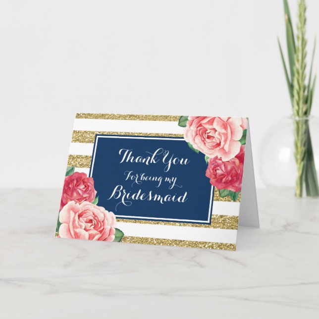 Blaues Gold Stripes rosa Blumendank-Brautjungfer Dankeskarte (Vorderseite)