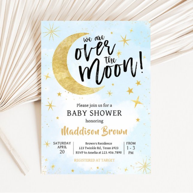 Blaues Gold über der Mond Babydusche Einladung (Moon and Stars Baby Shower Invitation)