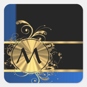 Blaues Gold und schwarze Monogramm Quadratischer Aufkleber