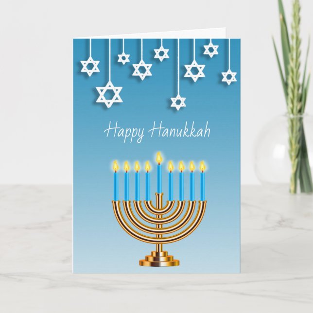Blaues Gold und weißes Menorah glückliches Karte (Vorderseite)