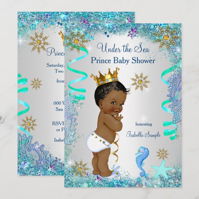 Blaues Gold unter dem Sea Prince Baby Shower Ethni Einladung (Vorne/Hinten)