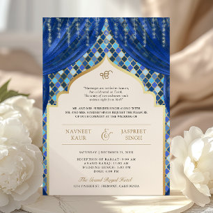 Blaues Gold Vierpass QR Code Sikh-Hochzeit Einladung