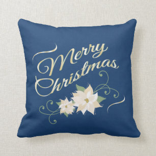 Blaues & goldenes Frohe Weihnachten & weiße Poinse Kissen