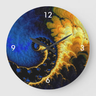 Blaues goldenes gelbes Fraktal Große Wanduhr