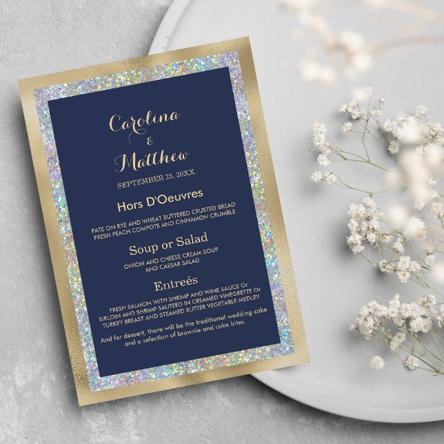 Blaues goldsilbernes Hochzeitmenü Menükarte (Navy blue gold silver holographic Wedding Menu )