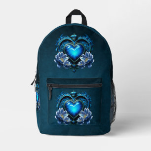 Blaues gotisches Herz umgeben von magischen Blume Bedruckter Rucksack
