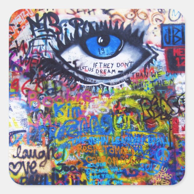 Blaues Graffiti-Auge Quadratischer Aufkleber (Vorderseite)