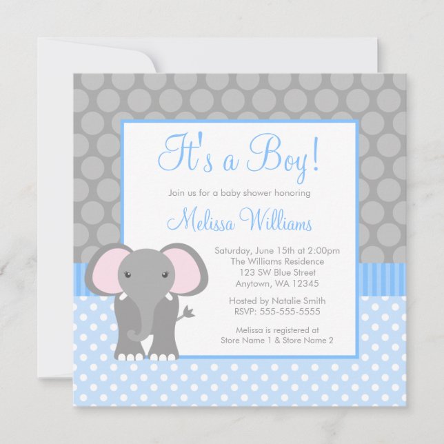 Blaues Grau-Elefant-Tupfen-Jungen-Babyparty Einladung (Vorderseite)
