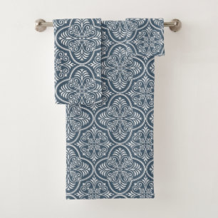 Blaues Grau-Rokoko-barocker Damast mit Blumen Badhandtuch Set