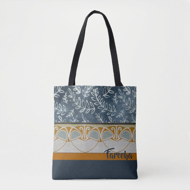 Blaues Grau und orange Entwurfs-Gewohnheits-Text Tasche (Vorderseite)