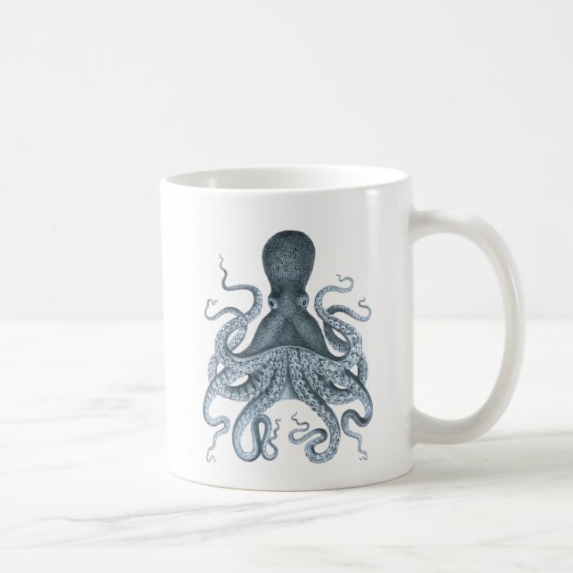 Blaues Grau-Vintage Kraken-Illustration Kaffeetasse (Rechts)