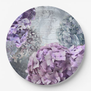 Blaues GrauVintages Blumenhydrangea-Blumenmuster Pappteller