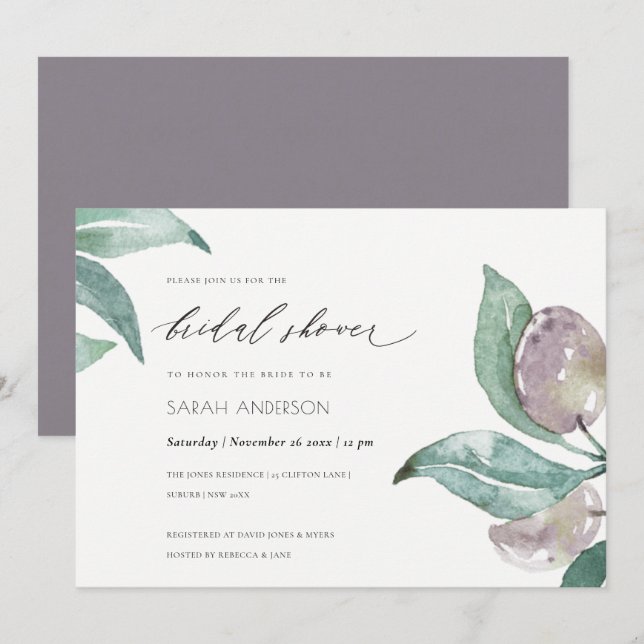 BLAUES GREEN WATERCOLOR FOLIAGE OLIVENBRAUTPARTY EINLADUNG (Vorne/Hinten)