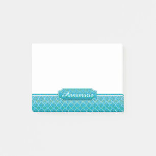 Blaues Grün-Aquarelle weißes Quatrefoil Monogram Post-it Klebezettel