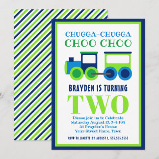 Blaues Grün Choo Choo Zug-2. Geburtstags-Party Einladung