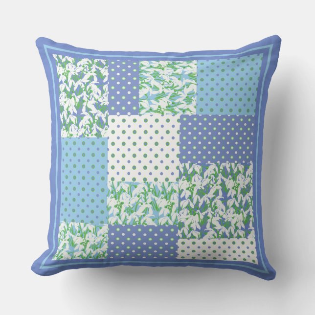 Blaues Grün-Imitat-Patchwork Snowdrops und Polkas Kissen (Vorderseite)