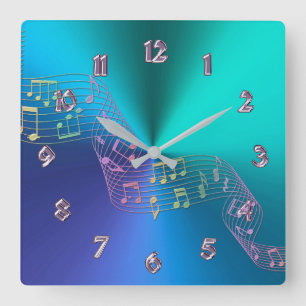 Blaues Grün-metallische Regenbogen-Musiknoten-Uhr Quadratische Wanduhr