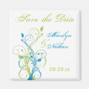 Blaues Grün-weißer BlumenSave the Date Magnet
