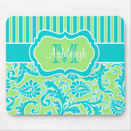 Blaues Grün-weißes gestreiftes Damast-Monogramm Mousepad