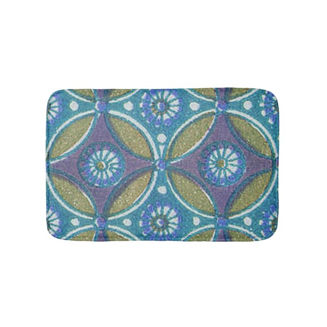Blaues grünes Rustikales Boho Geometrisches Zirkel Badematte (Vorderseite)