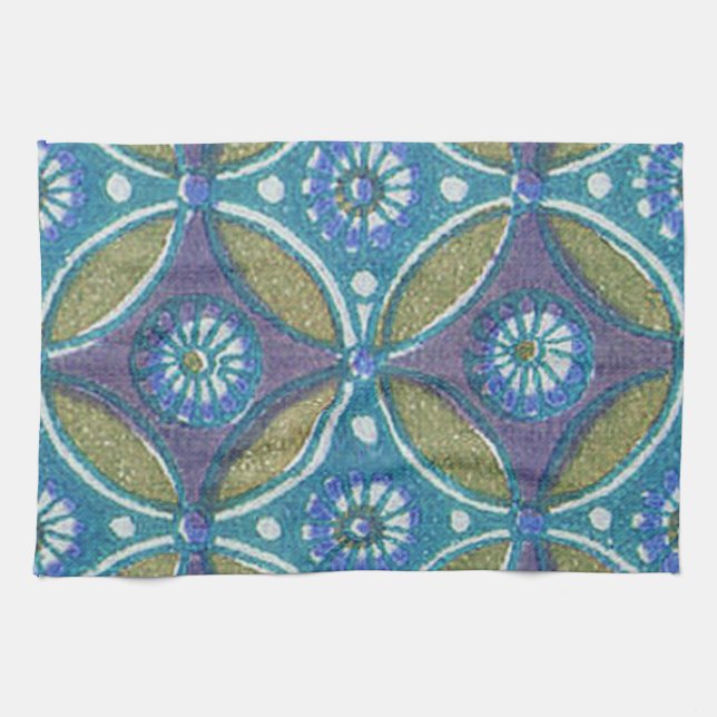 Blaues grünes Rustikales Boho Geometrisches Zirkel Geschirrtuch (Horizontal)
