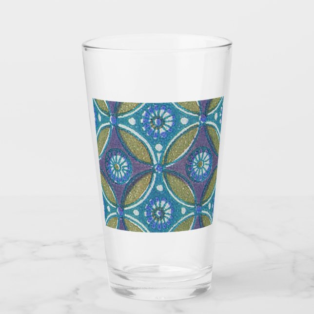 Blaues grünes Rustikales Boho Geometrisches Zirkel Glas (Vorderseite)