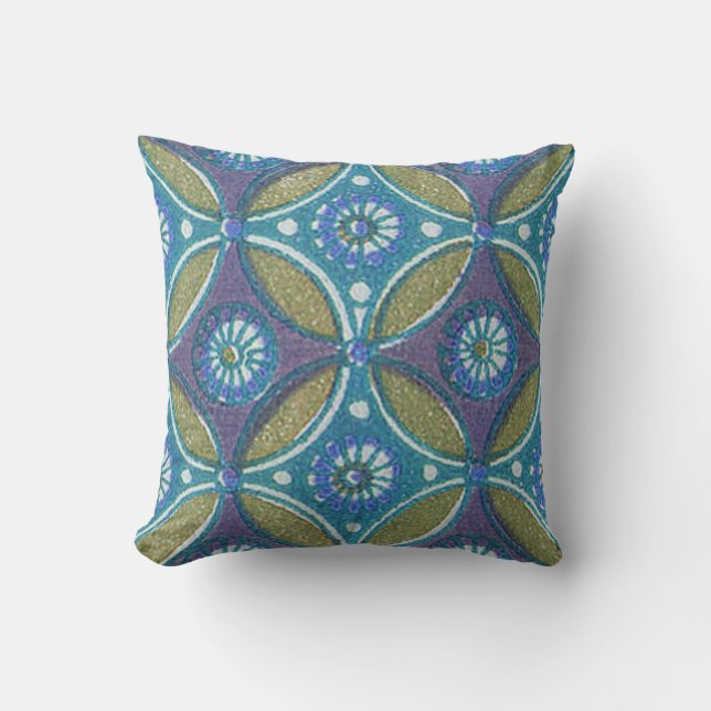 Blaues grünes Rustikales Boho Geometrisches Zirkel Kissen (Vorderseite)