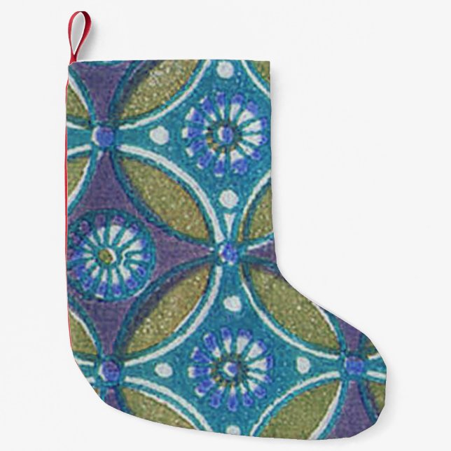 Blaues grünes Rustikales Boho Geometrisches Zirkel Kleiner Weihnachtsstrumpf (Vorderseite)