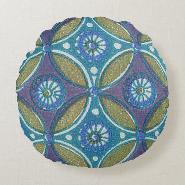 Blaues grünes Rustikales Boho Geometrisches Zirkel Rundes Kissen (Vorderseite)