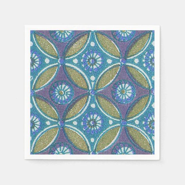 Blaues grünes Rustikales Boho Geometrisches Zirkel Serviette (Vorderseite)