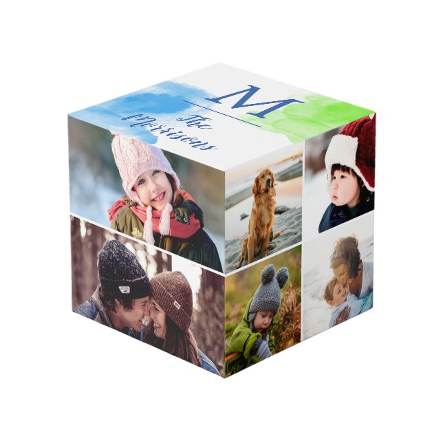 Blaues Grünwatercolor-Monogramm-Foto-Collage Würfel (Vorderseite Schrägansicht)