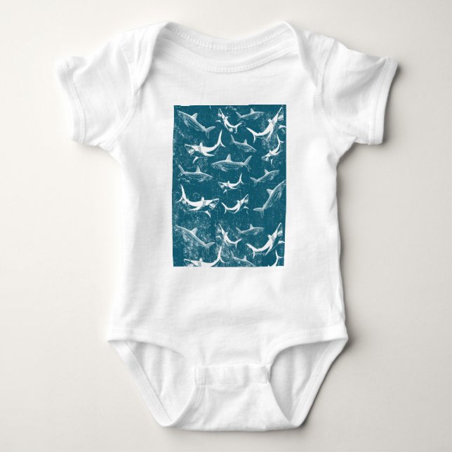 Blaues Hai-Muster Baby Strampler (Vorderseite)