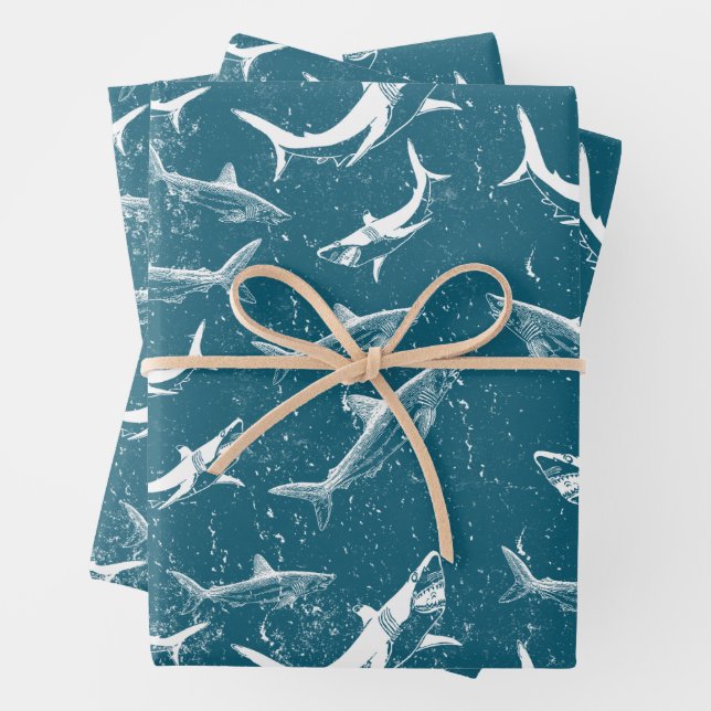 Blaues Hai-Muster Geschenkpapier Set (Beispiel)