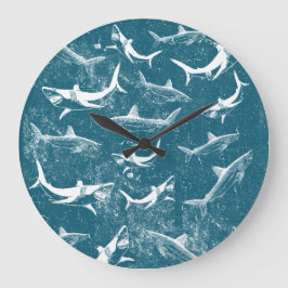 Blaues Hai-Muster Große Wanduhr