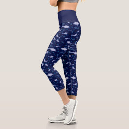 Blaues Hai-Silhouette-Muster Capri Leggings