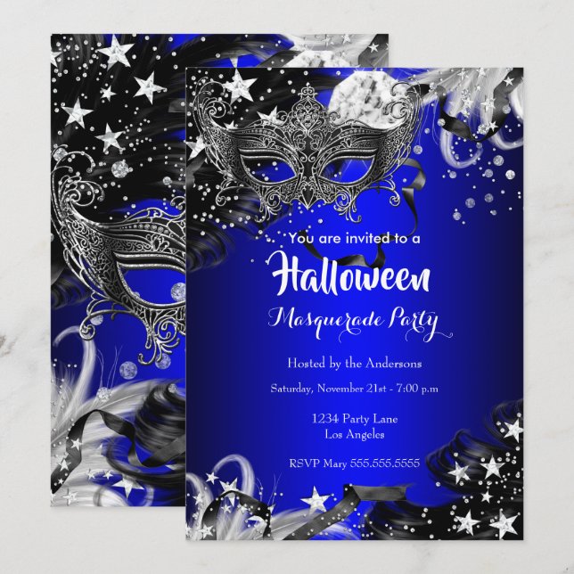 Blaues Halloween-Magisches Night-Masquerade-Party Einladung (Vorne/Hinten)