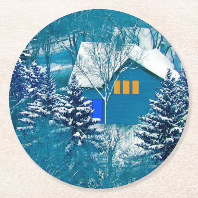 Blaues Haus im Winterwald Runder Pappuntersetzer (Vorderseite)