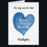 Blaues Herz 40. Geburtstag Schwiegersohn<br><div class="desc">Eine personalisierte 40. Geburtstagskarte für Schwiegersohn mit einem farbenblauen Herzchen, auf dem steht "Happy 40 th Birthday". Die Insider-Kartennachricht liest eine süße Stimmung, die leicht editiert werden kann. Die Rückseite dieser personalisierten 40. Geburtstagskarte für ihn hat das gleiche Herz und das Jahr, das Sie leicht bearbeiten können. Ein einzigartiger Sake...</div>