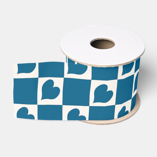 Blaues Herz-Schachbrett-Muster Ripsband (Spule)