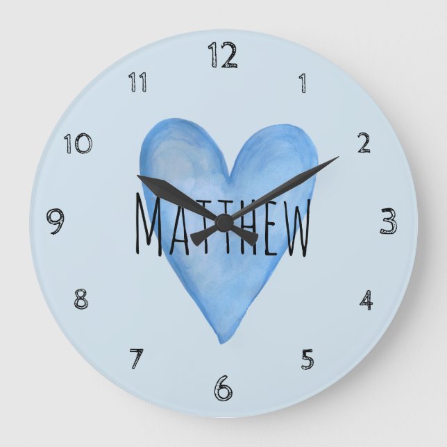 Blaues Herz Typografie Little Boy Liebe Name Kinde Große Wanduhr (Vorderseite)